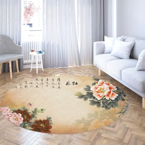 TOANGWALL Runder Teppich im Retro-Stil 90cm Chinesische Pfingstrose Blumen und Schmetterlinge mit niedrigem Flor Rutschfester Innenkreis Matte für Badezimmer Zuhause Flur Spielzimmer von TOANGWALL