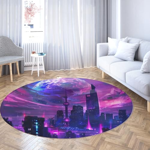 TOANGWALL Runder Teppich im Surrealismus-Stil 110cm verträumte lila Stadt waschbare rutschfeste Innenkreismatte mit niedrigem Flor für Schrank Badezimmer Zuhause Flur Spielzimmer von TOANGWALL