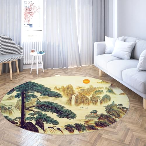 TOANGWALL Runder Teppich im Vintage-Stil 100cm Tinte Landschaft Wasserfall Einladende Kiefer Waschbar Niedriger Flor rutschfeste Indoor Circle Matte für Zuhause Flur Spielzimmer von TOANGWALL