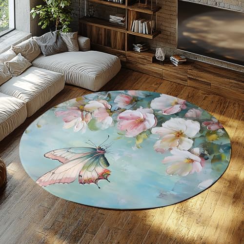 TOANGWALL Runder Teppich im Vintage-Stil - rosa Blumen und Schmetterlinge waschbare rutschfeste Innenkreismatte mit niedrigem Flor für das Badezimmer Home Flur 140cm von TOANGWALL