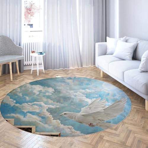 TOANGWALL Runder Teppich im futuristischen Stil 80cm weiße Tauben im blauen Himmel maschinenwaschbarer Kreisteppich für Waschküche Esszimmerboden rutschfest von TOANGWALL