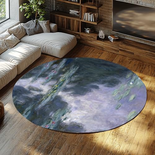 TOANGWALL Runder Teppich im impressionistischen Stil 60cm Seerose waschbar weich niedrigflorig rutschfeste Innenkreismatte für Schrank Badezimmer Haus Flur Spielzimmer von TOANGWALL