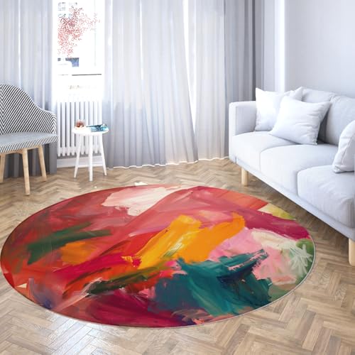 TOANGWALL Runder Teppich im klassischen Stil 180cm bunter Graffiti waschbar Rutschfester weicher niedriger Florwurf Kreis Teppich für Schlafzimmer Wohnzimmer Wohnkultur von TOANGWALL