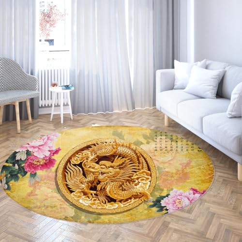 TOANGWALL Runder Teppich im klassischen Stil 200cm Chinesischer Drache und Pfingstrosenmuster Rutschfester Kreisteppich Waschbare Türmatte für Mudroom Apartment Home von TOANGWALL
