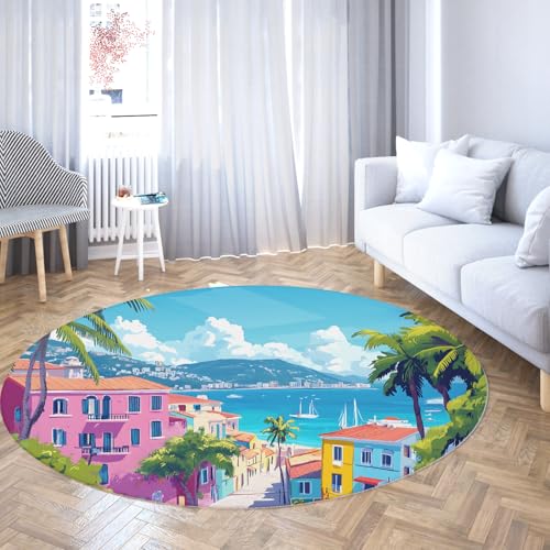 TOANGWALL Runder Teppich im mediterranen Stil 80cm Seaside Building Muster Druck Dekor Rutschfester großer Kreis Teppich für Arbeitszimmer Esszimmer Balkon von TOANGWALL