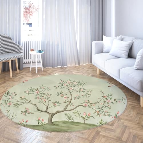 TOANGWALL Runder Teppich im minimalistischen Stil 140cm Blühender Baumdruck Rutschfester waschbarer Teppich für Wohnzimmer Schlafzimmer Veranda Schlafsaal Dekor Bodenmatte von TOANGWALL