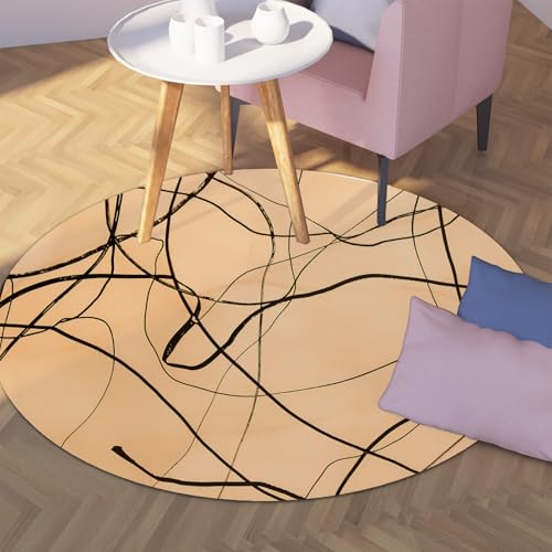 TOANGWALL Runder Teppich im minimalistischen Stil 200cm abstrakte Schwarze Linien waschbarer Rutschfester dünner Kreis mit niedrigem Flor für Sofa Konferenzraum Esszimmer von TOANGWALL