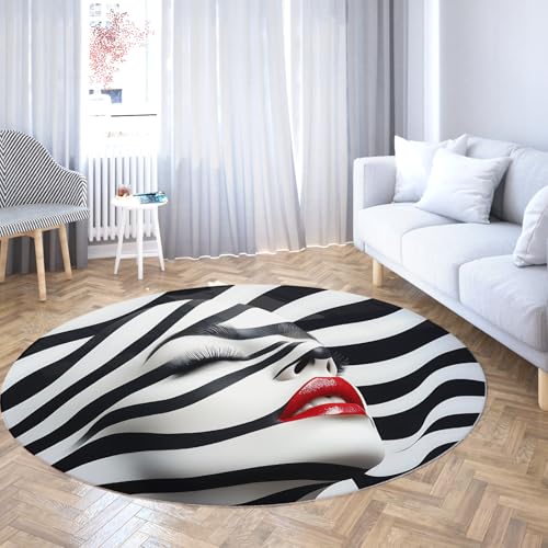 TOANGWALL Runder Teppich im minimalistischen Stil 70cm Mode Frau Gesichtsmuster waschbar Rutschfester niedriger Flor Faltbarer Nicht haarender Kreisteppich für Schlafzimmer von TOANGWALL