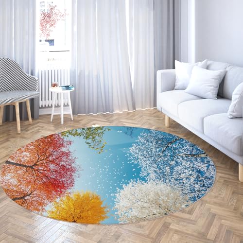 TOANGWALL Runder Teppich im modernen Stil 110cm All Seasons Baummuster Rutschfester niedriger Florwurf Circle Teppich für Schlafzimmer Sofa Konferenzraum Esszimmer von TOANGWALL