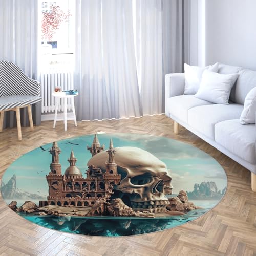 TOANGWALL Runder Teppich im modernen Stil 170cm Skelett Castle Muster auf dem Meer Waschbare rutschfeste Innenkreismatte mit niedrigem Flor für Schrank Flur Spielzimmer von TOANGWALL