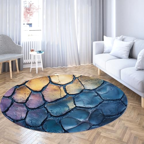 TOANGWALL Runder Teppich im modernen Stil - Chamäleon Textur Druck waschbar niedrigflorig Rutschfester Innenkreis für Schrank Badezimmer Zuhause Flur Spielzimmer 150cm von TOANGWALL