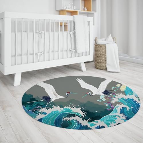 TOANGWALL Runder Teppich im modernen Stil - Wellen und weiße Kraniche Waschbare weiche rutschfeste Indoor-Kreismatte für Schrank Home Flur Spielzimmer 140cm TOANGWALL Runder Teppich im modernen Stil - Wellen und weiße Kraniche Waschbare weiche rutschfeste Indoor-Kreismatte für Schrank Home Flur Spielzimmer 140cm von TOANGWALL