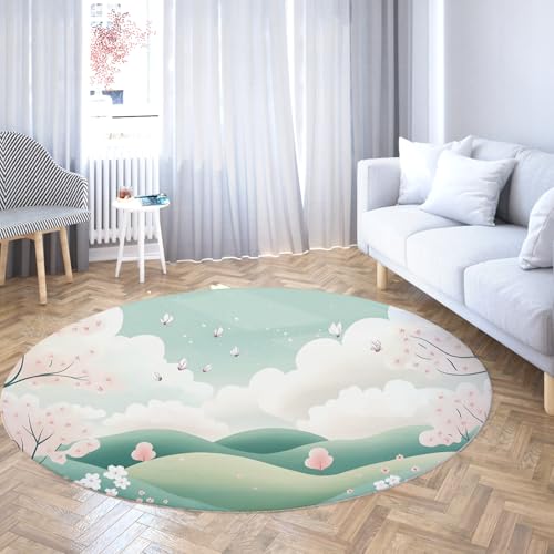 TOANGWALL Runder Teppich im nordischen Stil 160cm minimalistischer Frühling Berglandschaft waschbare rutschfeste Indoor-Kreismatte mit niedrigem Flor für Schrank Flur Spielzimmer von TOANGWALL