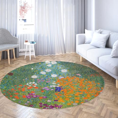 TOANGWALL Runder Teppich im pastoralen Stil 70cm Blumengarten waschbar Rutschfester weicher niedriger Florwurf Kreisteppich für Schlafzimmer Sofa Konferenzraum Esszimmer von TOANGWALL