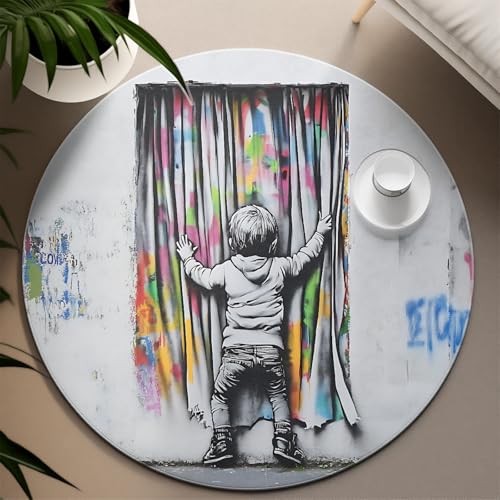 TOANGWALL Runder Teppiche im Graffiti-Stil für das Kinderzimmer 90cm süßer Junge maschinenwaschbarer Kreisteppich für Waschküche Esszimmerboden rutschfest von TOANGWALL
