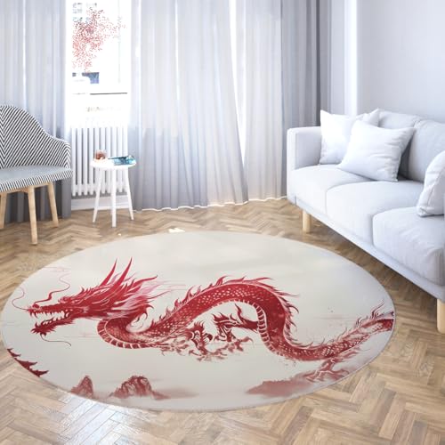 TOANGWALL Runder Teppiche im klassischen Stil 60cm Roter chinesischer Drachen Muster waschbarer Rutschfester dünner Teppich für Klassenzimmer Kleinkind Kinderzimmer dekorativ von TOANGWALL