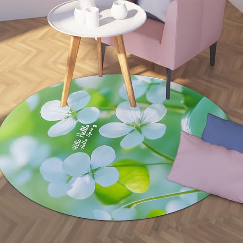 TOANGWALL Runder Teppiche im modernen Stil 60cm Frühling weißes Blumenmuster maschinenwaschbarer Kreisteppich für Waschküche Esszimmerboden rutschfest von TOANGWALL