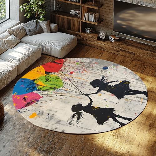 TOANGWALL Runder waschbarer Teppich im Retro-Stil 100cm bunter Ballon-Mädchen-Druck-Dekor Rutschfester großer kreisförmiger Teppich für Arbeitszimmer Esszimmer Balkon von TOANGWALL