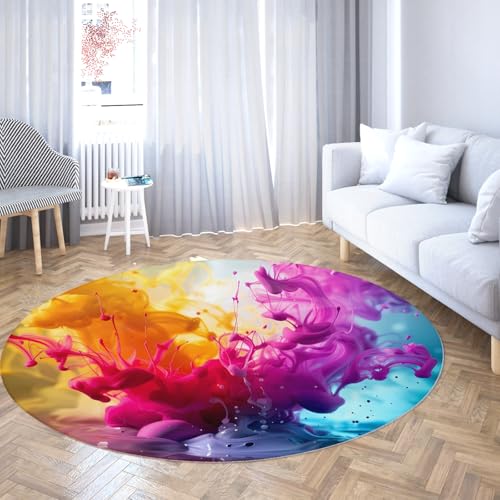 TOANGWALL Rutschfester runder Teppich 110cm bunter Abstrakter flüssiger Spritzer waschbarer Flacher dünner runder Teppich für Wohnzimmer Küche Schlafzimmer Kinderzimmer von TOANGWALL