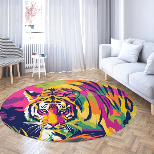 TOANGWALL Street Art Graffiti waschbarer runder Teppich 170cm Tiger Print Wohnzimmer Rutschfester Teppich für den Innenbereich Fußmatten weicher niedriger Flor für den Eingangsbereich Esszimmer von TOANGWALL