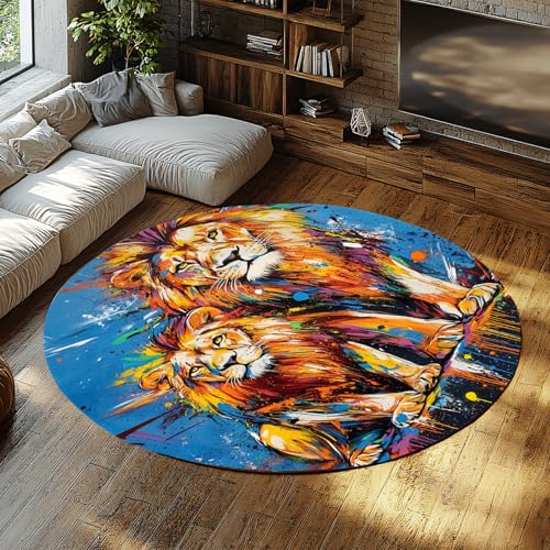 TOANGWALL Street Graffiti Art Runde Teppiche 80cm Löwe Vater und Sohn Waschbarer Rutschfester weicher niedriger Florwurf Kreis Teppich für das Wohnzimmer Gästezimmer von TOANGWALL