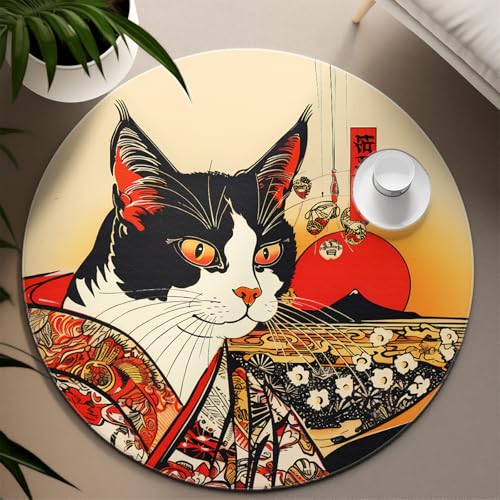 TOANGWALL Tier Thema Runder Teppich 80cm Japanischer Kimono Lustige Katze Rutschfester Kreis Teppich Indoor Waschbare Türmatte für Mudroom Apartment Home von TOANGWALL
