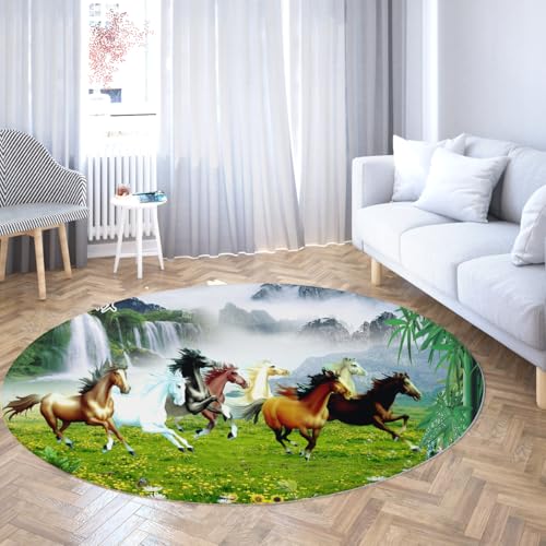 TOANGWALL Tierthema Waschbare runde Decke 60cm galoppierende Pferde und Wasserfalllandschaft rutschfeste Bodenmatten für den Innenbereich weicher niedriger Flor für das Esszimmer von TOANGWALL