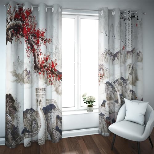 TOANGWALL Traditionelle Verdunkelungsvorhänge für Wohnzimmer Schlafzimmer Küche Dekor die große Wand Malerische rote Pflaumenblüten Café Fenster drapiert 2 Paneele B117xH183cm von TOANGWALL