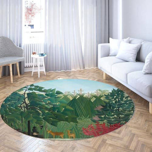 TOANGWALL Tropischer Dschungel waschbarer runder Teppich Der Wasserfall Wohnzimmer Rutschfester Teppich Indoor Bodenmatten Weicher niedriger Flor für den Eingangsbereich Esszimmer 80cm von TOANGWALL