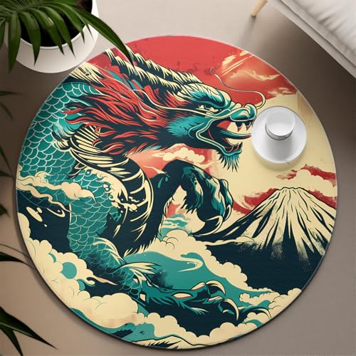 TOANGWALL Ukiyo-e Style Rutschfester runder Teppich 240cm Japanischer Drache Kanagawa Wave Weicher waschbarer flachfloriger runder Teppich für den Innenbereich für das Wohnzimmer Schlafzimmer von TOANGWALL