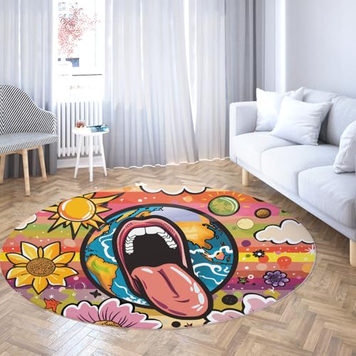 TOANGWALL Waschbarer runder Teppich im Cartoon-Stil 80cm Abstrakter Rutschfester Teppich mit floralem Planetenzungendruck für den Innenbereich des Esszimmers von TOANGWALL