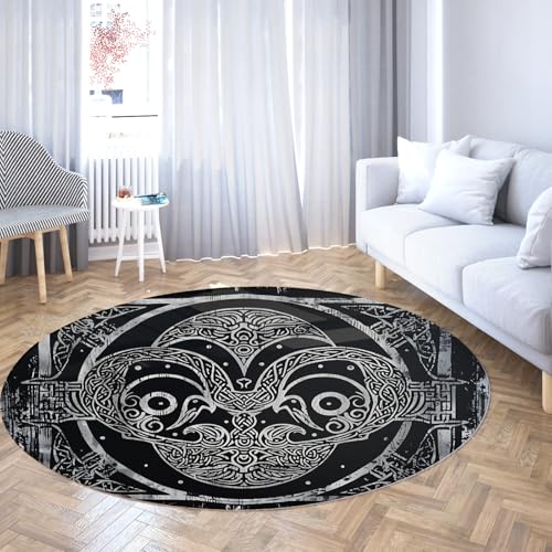 TOANGWALL Waschbarer runder Teppich im Retro-Stil 60cm abstrakte ethnische Textur im schwarzen und weißen Stil rutschfeste Bodenmatten für den Innenbereich mit niedrigem Flor für das Esszimmer von TOANGWALL