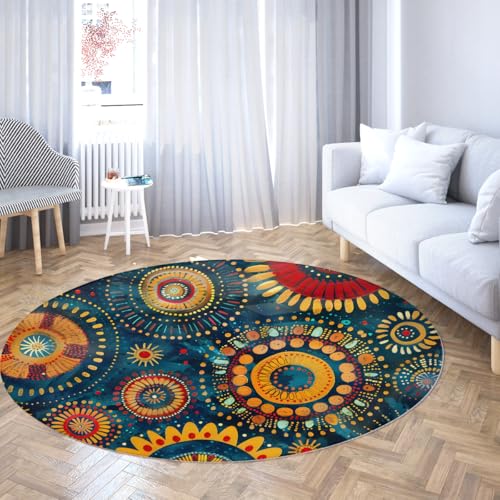 TOANGWALL Waschbarer runder Teppich im Vintage-Stil 90cm Abstrakter geometrischer rotierender Muster Rutschfester Bodenteppich mit niedrigem Flor für Wohnzimmer Esszimmer von TOANGWALL