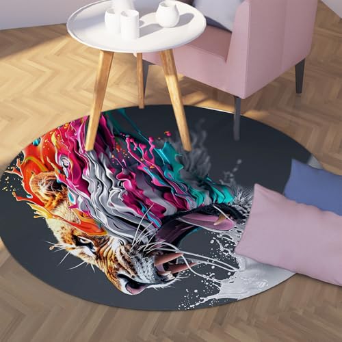 TOANGWALL Water Splash Runder Teppich 180cm Brüllender Löwe und Tiger Muster Waschbare weiche rutschfeste Innenkreismatte mit niedrigem Flor für Badezimmer Flur Spielzimmer von TOANGWALL