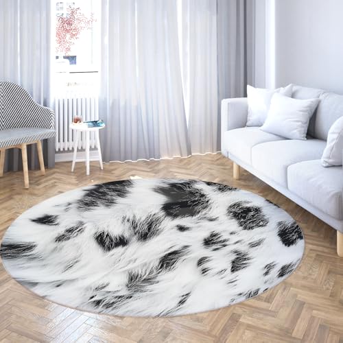 TOANGWALL Weiße Plüsch Textur Print Runde Teppiche 60cm Kuh Textur Muster Waschbarer Rutschfester dünner Teppich für Klassenzimmer Kleinkind Kinderzimmer Dekor von TOANGWALL