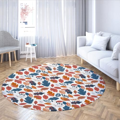 TOANGWALL Weiße runde Teppiche 70cm buntes Blattmuster waschbarer Rutschfester weicher niedriger Florwurf Kreisteppich für Schlafzimmer Konferenzraum Esszimmer von TOANGWALL