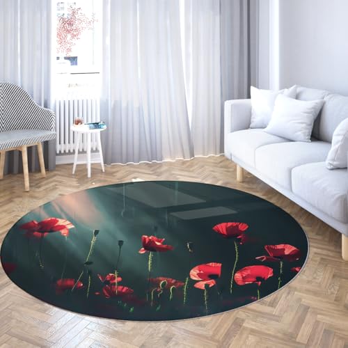 TOANGWALL Zeitgenössische Kunst Runder Teppich 60cm Rote Blume Szenerie Maschinenwaschbar Rutschfester niedriger Flor Faltbarer Nicht haarender Wurf Kreis Teppich für Schlafzimmer von TOANGWALL