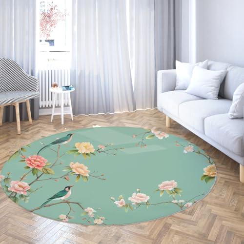Teal Round Rug 140cm Bunte Blumen und Kolibris Print Rutschfester waschbarer Teppich für Wohnzimmer Schlafzimmer Veranda Schlafsaal Dekor Bodenmatte von TOANGWALL