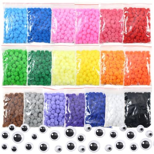 TOAOB 2000 Stück Bunte Pompons zum Basteln 1cm Filzkugeln Bunt Klein Pom Poms Deko Flauschigen Plüsch set Bälle Kunst Bommel mit 100 Stück Selbstklebend Wackelaugen für Lustige DIY Kreative Handwerk von TOAOB THE ONE AND ONLY BABY