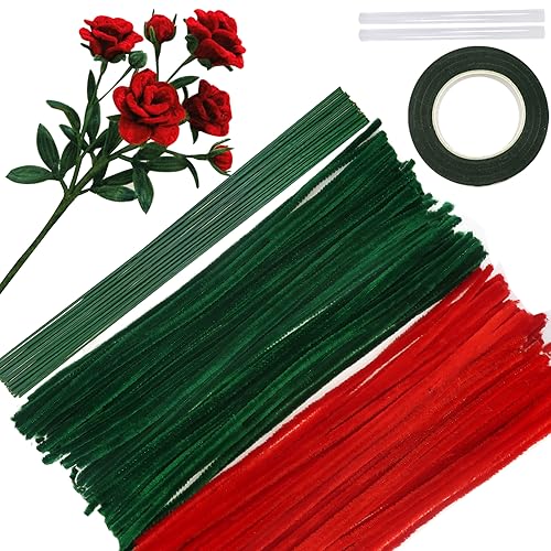 TOAOB 200 Stück Rot Grün Pfeifenputzer Bunt Set mit Blumendraht und Blumenband Chenille Stems Pipecleaners für Rosensträuße Bastelprojekte und Dekorationen von TOAOB THE ONE AND ONLY BABY