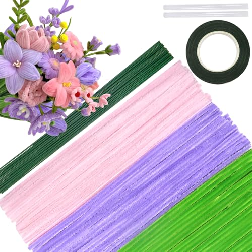 TOAOB 200 Stück 3 Farben Pfeifenputzer Bunt Set mit Blumendraht und Blumenband Chenille Stems Pipecleaners für Bastelprojekte und Dekorationen von TOAOB THE ONE AND ONLY BABY