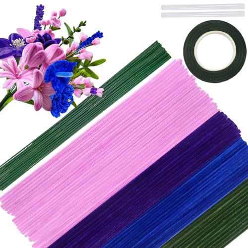 TOAOB 200 Stück 4 Farben Pfeifenputzer Bunt Set mit Blumendraht und Blumenband Chenille Stems Pipecleaners für Kornblume Bastelprojekte und Dekorationen von TOAOB THE ONE AND ONLY BABY