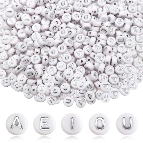 TOAOB 200 Stück 4x7mm Buchstabenperlen Vokale Silber Buchstabenperlen A E I O U Rund Acryl Spacer Perlen für Schmuckherstellung von TOAOB THE ONE AND ONLY BABY