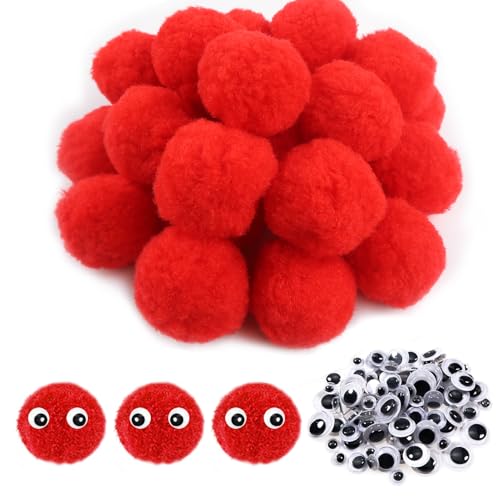 TOAOB 50 Stück Pompons zum Basteln Groß 4 cm Rot Pompom Flauschigen Plüsch set Bälle Kunst Bommel mit Selbstklebend Wackelaugen für Dekorieren Verzieren Nähen DIY Lustige Kreativen Handwerk von TOAOB THE ONE AND ONLY BABY