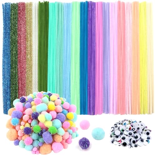 TOAOB 500 Stück Bunt Pfeifenreiniger Set Enthalten Chenilledraht Pompons und Selbstklebend Wackelaugen Verschiedene Größen für Handwerk Dekoration von TOAOB THE ONE AND ONLY BABY