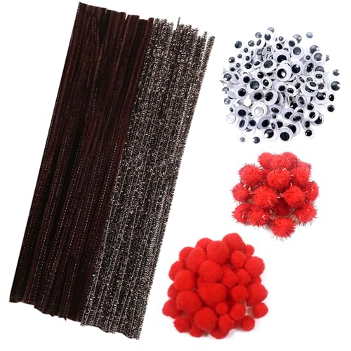 TOAOB 500 Stück Pfeifenputzer zum Basteln Braun Set mit Pfeifenputzer Chenilledraht Rot Pompons und Wackelaugen Selbstklebend für Deko und Weihnachten Rentieren Bastelzubehör von TOAOB THE ONE AND ONLY BABY