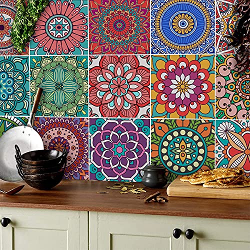 TOARTI 16 Stück 20×20CM Mosaik Küche Wandaufkleber,Bunt Wandfliese Aufkleber,DIY Marokkanischer Fliesenaufkleber für Badezimmer,Treppenaufkleber Fliesenfolie,Wasserdicht Selbstklebende Fliesensticker von TOARTi