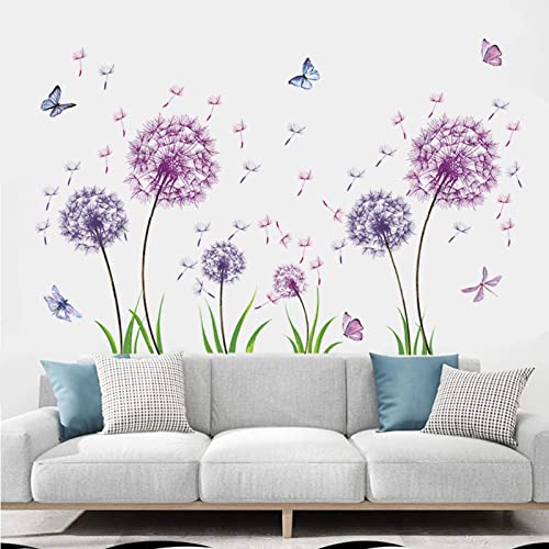 TOARTI 54 Pcs Groß Wandtattoo Löwenzahn,Lila Wandsticker für Kinderzimmer Mädchen,Wandtattoo Pusteblume für Schlafzimmer,Schmetterling Pflanzen Blumen Wandaufkleber für Babyzimmer Wohnzimmer Wanddeko von TOARTi