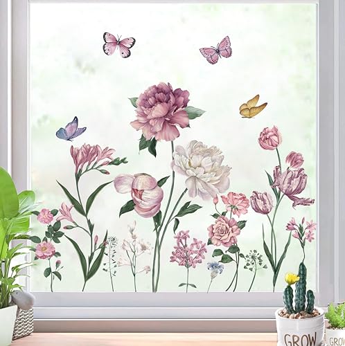 TOARTI Rosa Fensteraufkleber Garten Blumen,110x70cm(BxH) Fensterbilder Frühling Fenster Abziehbilder Blumen Schmetterlinge Bunt Pflanzen Anti-Kollision Fensterfolie Glas Fensterdeko Aufkleber von TOARTi