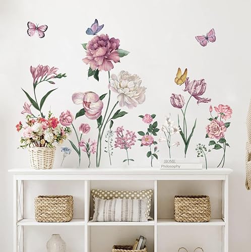 TOARTI Rosa Fensteraufkleber Garten Blumen,110x70cm(BxH) Fensterbilder Frühling Fenster Abziehbilder Blumen Schmetterlinge Bunt Pflanzen Anti-Kollision Fensterfolie Glas Fensterdeko Aufkleber von TOARTi